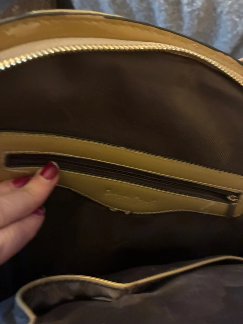 Roberto Cavalli Y2K Patent Dome Seashell Satchel in Tan with Gold Hardware